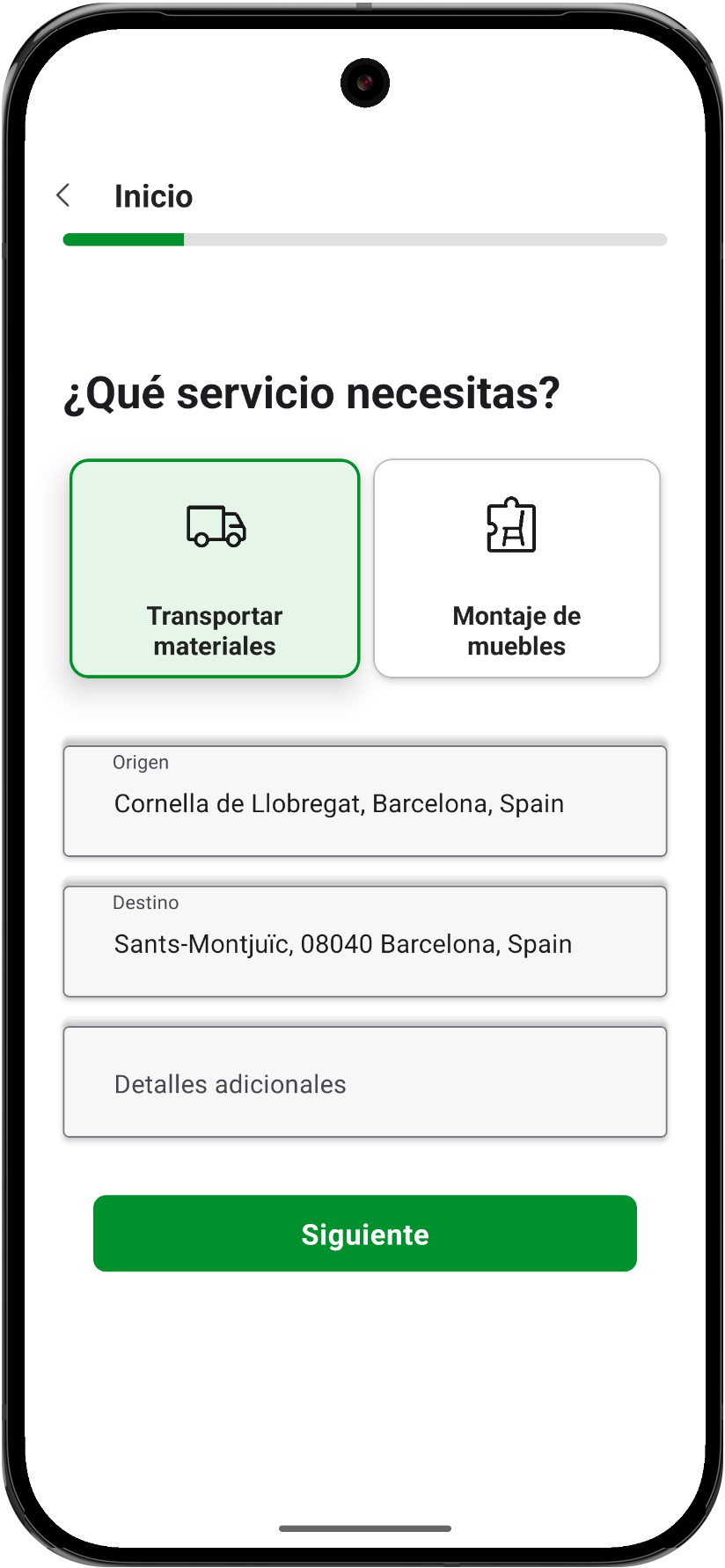 Pantalla principal de la app casafix.io - Solicitar servicios de transporte
