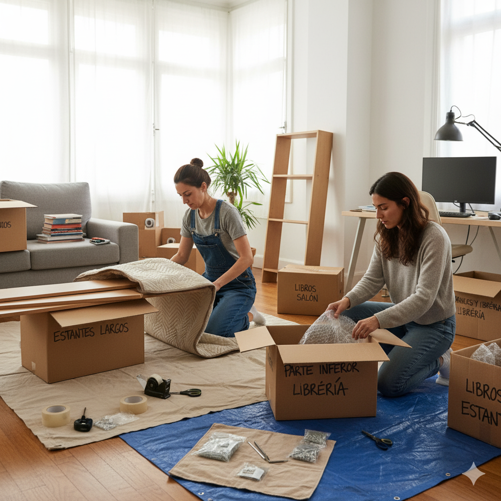 Protección de muebles con materiales de embalaje y organización de herramientas